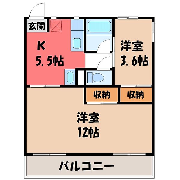 栃木県宇都宮市富士見が丘1丁目(賃貸アパート2K・1階・42.57㎡)の写真 その2