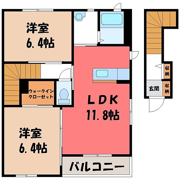 栃木県下野市川中子(賃貸アパート2LDK・2階・61.63㎡)の写真 その2