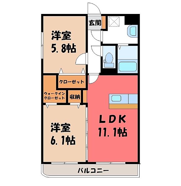 栃木県宇都宮市桜1丁目(賃貸マンション2LDK・1階・54.00㎡)の写真 その2