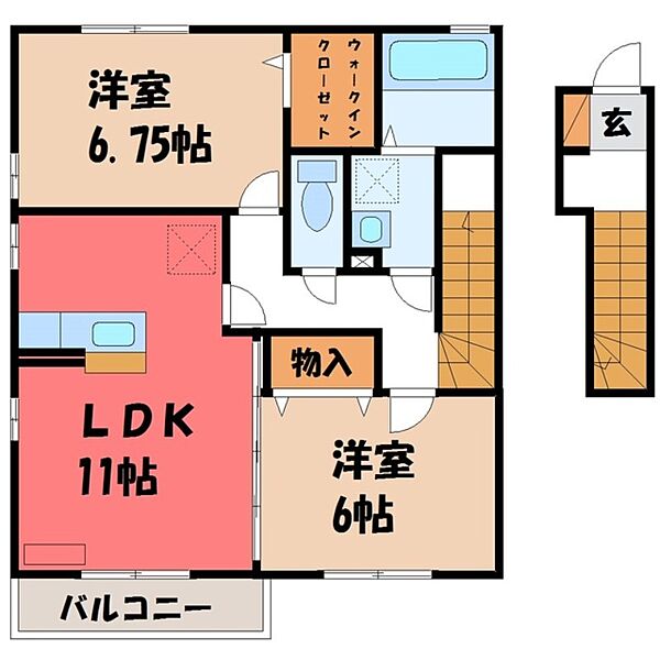 栃木県宇都宮市上横田町(賃貸アパート2LDK・2階・64.48㎡)の写真 その2