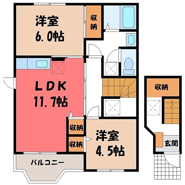 栃木県宇都宮市西川田6丁目(賃貸アパート2LDK・2階・58.53㎡)の写真 その2