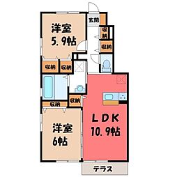 フルール・ド・ティアラ E 1階2LDKの間取り