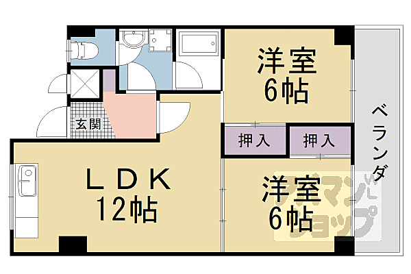 京都府京都市山科区竹鼻地蔵寺南町(賃貸マンション2LDK・6階・53.03㎡)の写真 その2