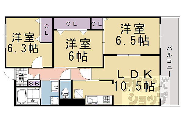 京都府長岡京市馬場一丁目(賃貸マンション3LDK・1階・66.21㎡)の写真 その2