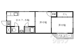 京阪京津線 四宮駅 徒歩8分の賃貸マンション 1階2DKの間取り