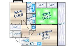 アルバート箕面五番館 2LDKの間取図画像