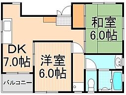 第2向後ハイツ 2階2DKの間取り