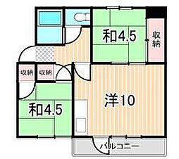 舎人吉岡ハイツ 3階2LDKの間取り