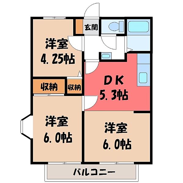 ハイツベルク ｜栃木県宇都宮市下岡本町(賃貸アパート3K・2階・47.54㎡)の写真 その2