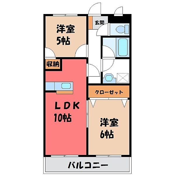 エクセレンス A ｜栃木県宇都宮市西川田東町(賃貸マンション2LDK・2階・48.60㎡)の写真 その2