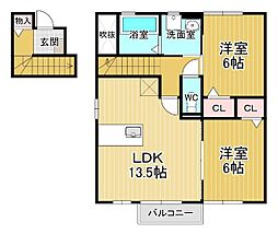 ウィルコート大松Ｂ棟 2階2LDKの間取り