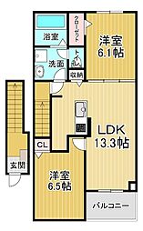 ハーベストヤヨイB 2LDKの間取図画像
