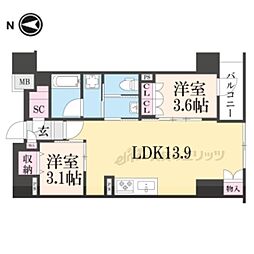 京都市営烏丸線 五条駅 徒歩7分の賃貸マンション 2階2LDKの間取り