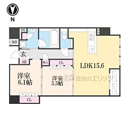 阪急京都本線 大宮駅 徒歩1分の賃貸マンション 9階2LDKの間取り