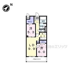アジュール修学院 2階2LDKの間取り
