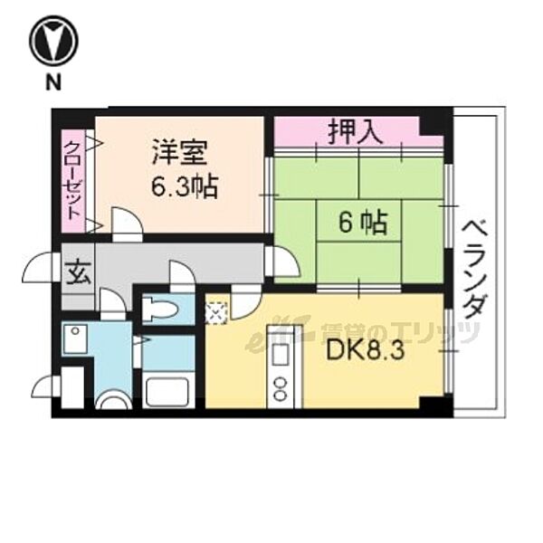 コスモスフローラ醍醐 301｜京都府京都市伏見区醍醐構口町(賃貸マンション2LDK・3階・51.60㎡)の写真 その2