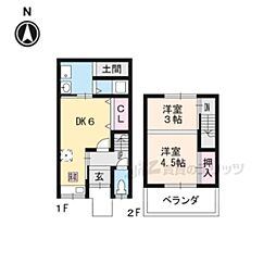 JR東海道・山陽本線 山科駅 徒歩23分の賃貸一戸建て 2階2DKの間取り