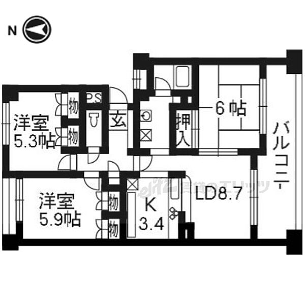 パインフィールド洛西 306｜京都府京都市右京区西院四条畑町(賃貸マンション3LDK・3階・65.40㎡)の写真 その2