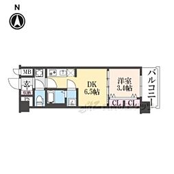 京都市営烏丸線 十条駅 徒歩4分の賃貸マンション 2階1DKの間取り