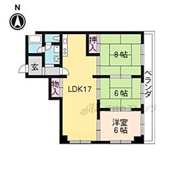 JR山陰本線 円町駅 徒歩9分の賃貸マンション 2階3LDKの間取り