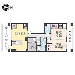 京福電気鉄道北野線 北野白梅町駅 徒歩15分の賃貸マンション 5階2LDKの間取り