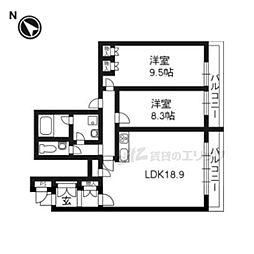 京都地下鉄東西線 東山駅 徒歩4分の賃貸マンション 2階2LDKの間取り