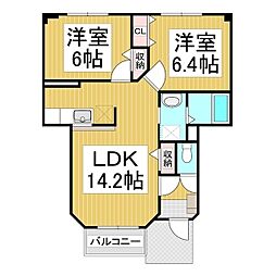 ガーデンハウス朝日山　Ｄ棟 1階2LDKの間取り