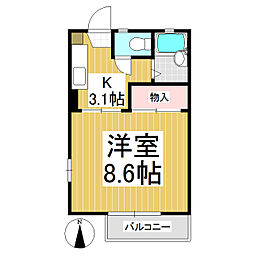 ディアス犀北　Ａ棟 2階1Kの間取り