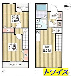 JR青梅線 小作駅 徒歩21分の賃貸アパート 2階2DKの間取り