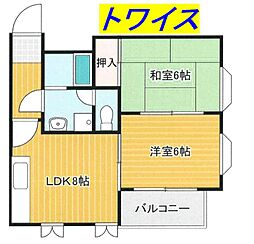 JR青梅線 河辺駅 徒歩15分の賃貸マンション 3階2DKの間取り