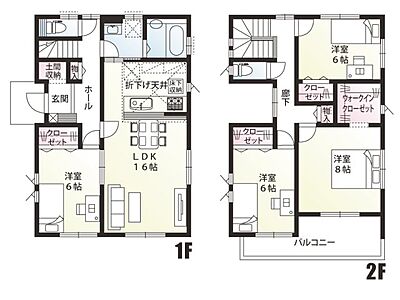 間取り：間取り　1階にも6帖の洋室付き！水回りが一ヵ所に集中した家事動線の良い間取りです。土間収納付きで収納も充実！