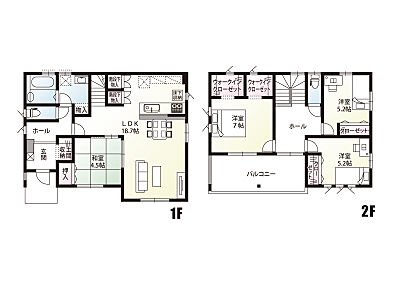 間取り：南2丁目（全1区画）間取り：LDKはなんと18.7帖の大空間♪リビング階段は、ご家族との会話が自然と生まれます。