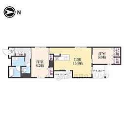 京都市営烏丸線 四条駅 徒歩11分の賃貸マンション 2階2LDKの間取り