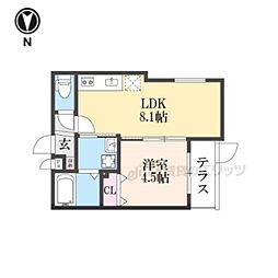 グランツ東福寺 1階1LDKの間取り