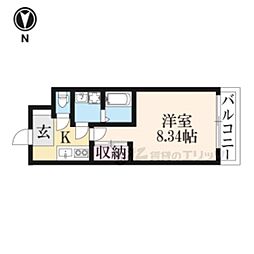 プレジール御所東 3階1Kの間取り