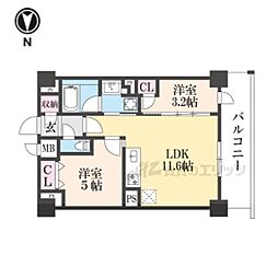 ジオエント四条大宮 602 6階2LDKの間取り