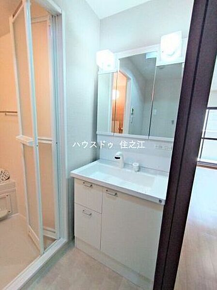 大きな三面鏡付きの洗面台です。たっぷりの収納を設けたシャワー付です