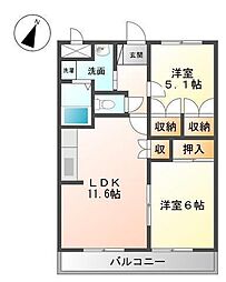 サンフィット橘 2階2LDKの間取り