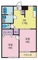 グリーンヴィラ小瀬 2DKの間取図画像