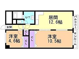 ノースビラ円山 2LDKの間取図画像