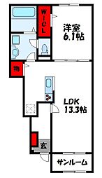 サンライズIII 1階1LDKの間取り