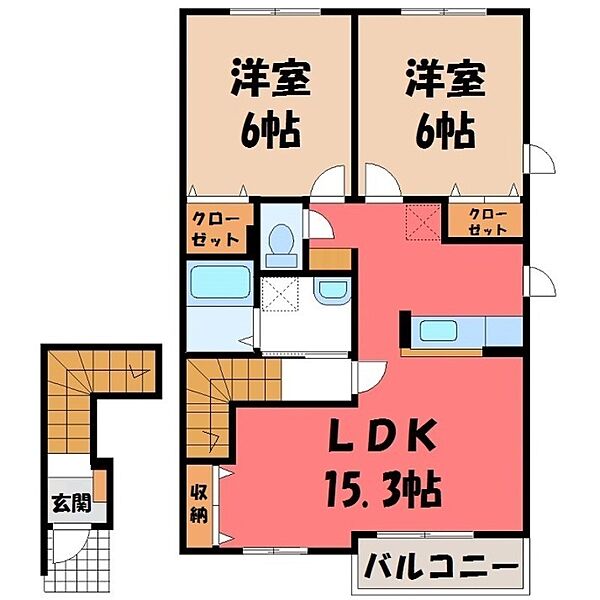 サニーハウス ｜栃木県宇都宮市南大通り2丁目(賃貸アパート2LDK・2階・62.28㎡)の写真 その2