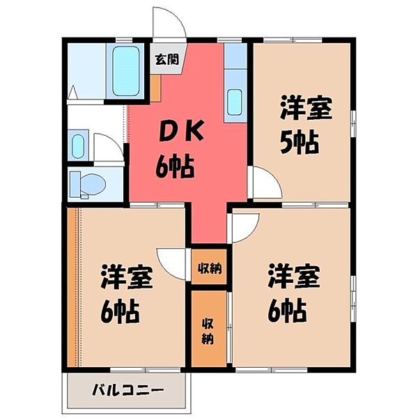 カーサ伊藤 B ｜栃木県宇都宮市平松本町(賃貸アパート3DK・2階・46.03㎡)の写真 その2