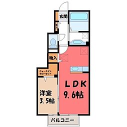 東武宇都宮線 西川田駅 徒歩23分の賃貸アパート 1階1LDKの間取り