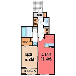 JR東北本線 雀宮駅 徒歩23分の賃貸アパート 1階1LDKの間取り