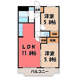JR東北新幹線 宇都宮駅 バス13分 南御幸町下車 徒歩2分の賃貸マンション 3階2LDKの間取り