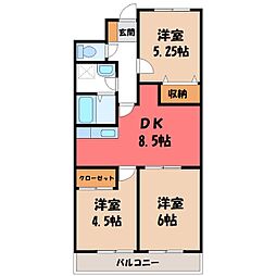 真岡鐵道 真岡駅 徒歩10分の賃貸マンション 3階3DKの間取り