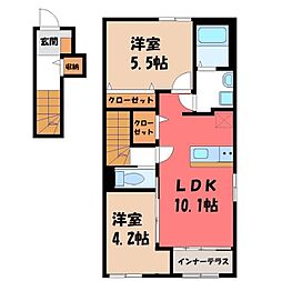 JR東北本線 石橋駅 徒歩7分の賃貸アパート 2階2LDKの間取り