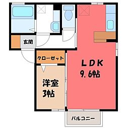 JR東北本線 雀宮駅 徒歩17分の賃貸アパート 2階1LDKの間取り