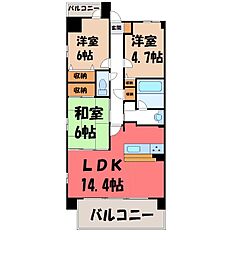 JR東北新幹線 宇都宮駅 徒歩15分の賃貸マンション 6階3LDKの間取り